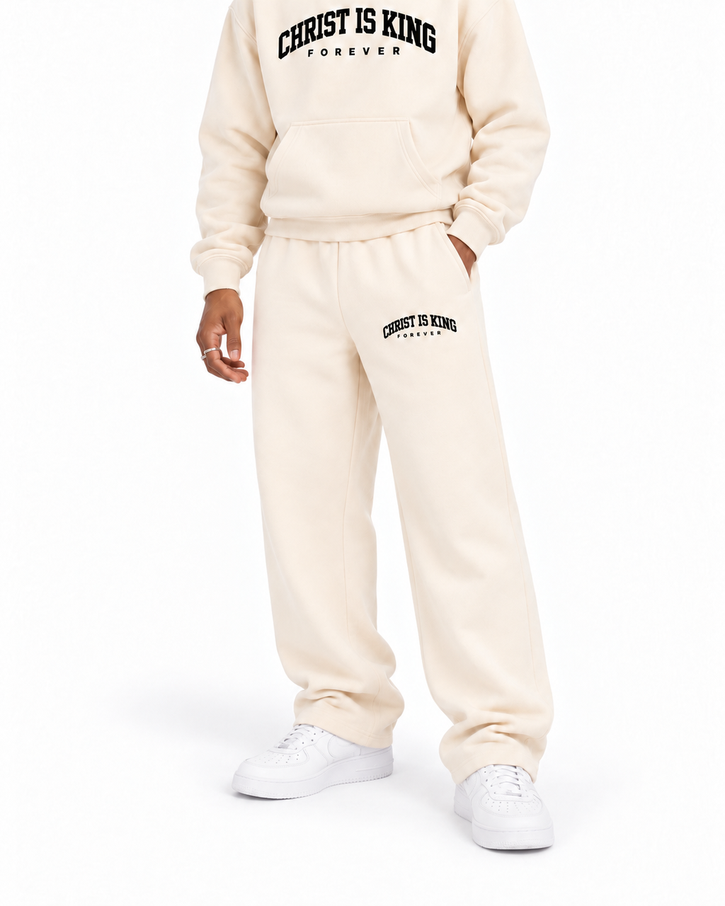 Chief Of Sinners Essential Oversized Boxy Fit Fleece Hoodie — Apricot bottoms, male fit detail