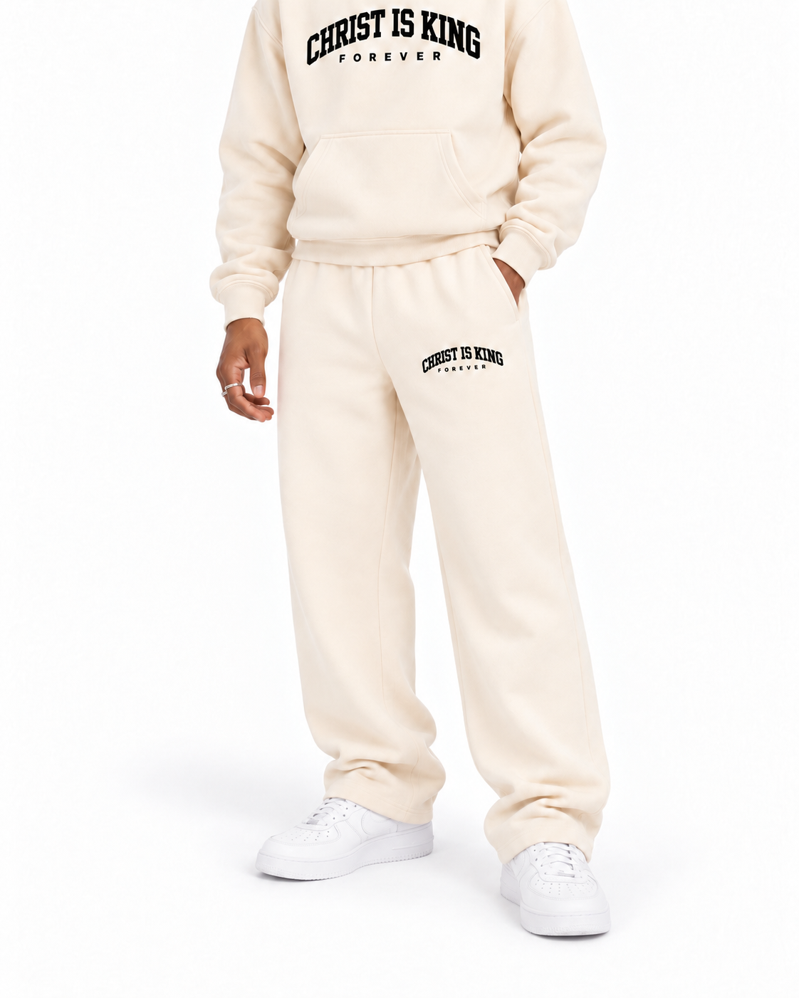 Chief Of Sinners Essential Oversized Boxy Fit Fleece Hoodie — Apricot bottoms, male fit detail