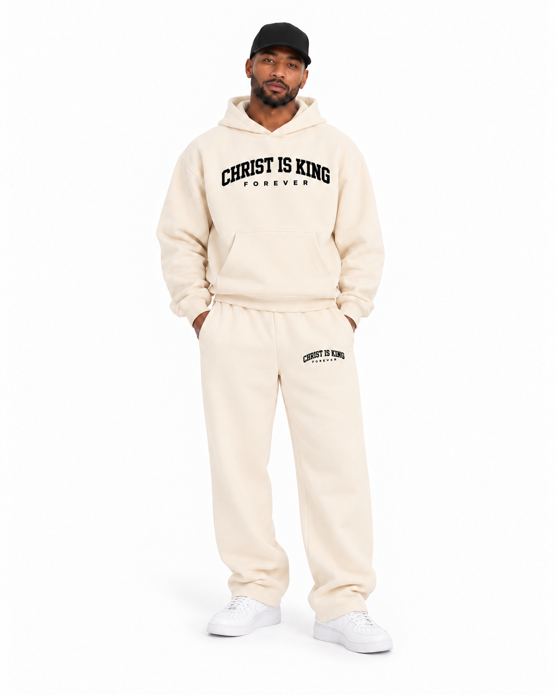 Chief Of Sinners Essential Oversized Boxy Fit Fleece Hoodie — Apricot bottoms, male front outfit