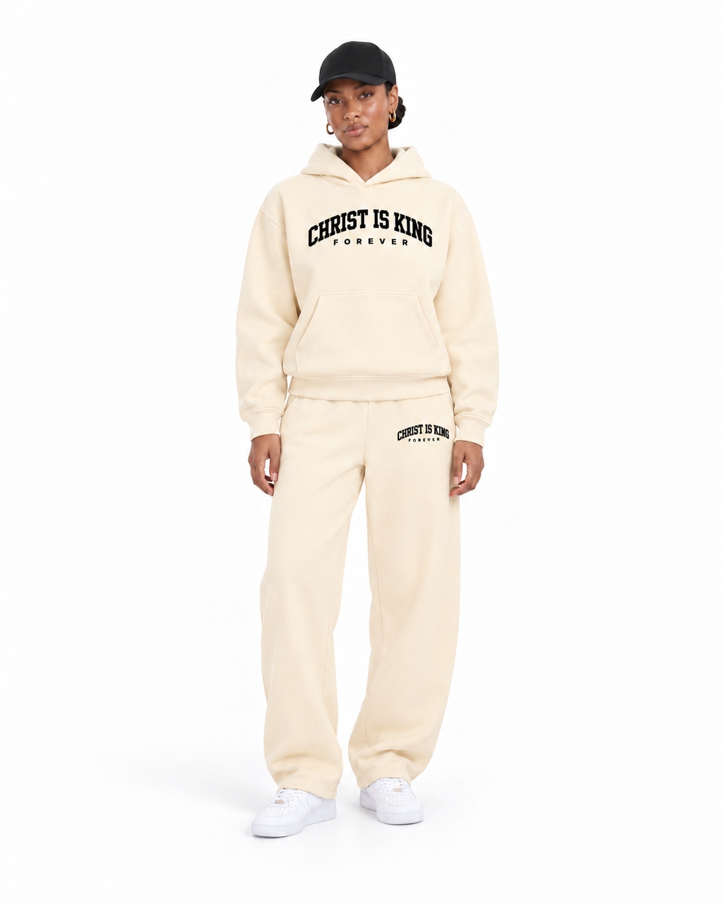 Chief Of Sinners Essential Oversized Boxy Fit Fleece Hoodie — Apricot bottoms, female front outfit