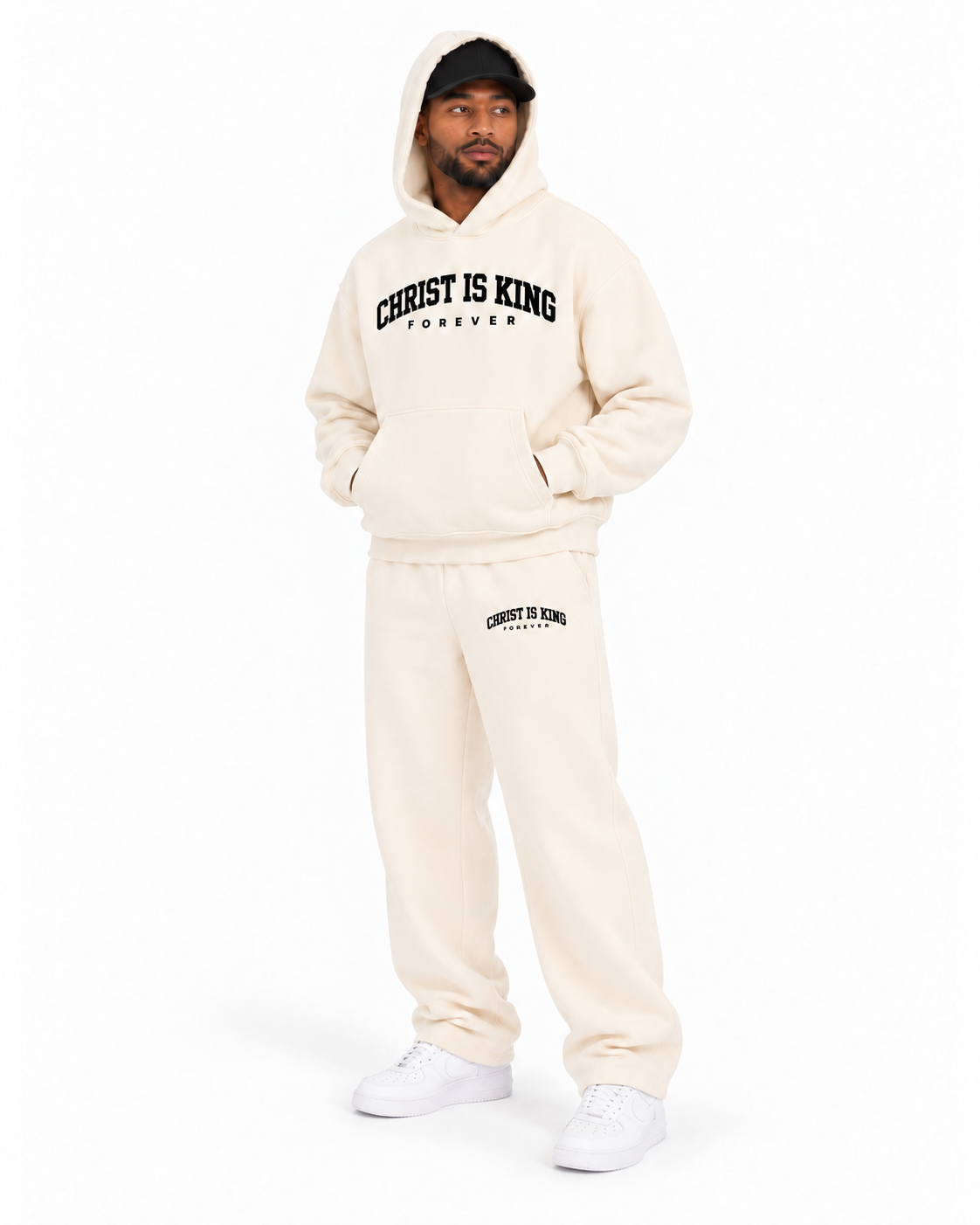 Chief Of Sinners Essential Oversized Boxy Fit Fleece Hoodie — Apricot bottoms, male side outfit
