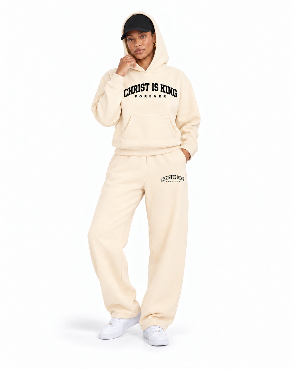 Chief Of Sinners Essential Oversized Boxy Fit Fleece Hoodie — Apricot bottoms, female alternate front outfit