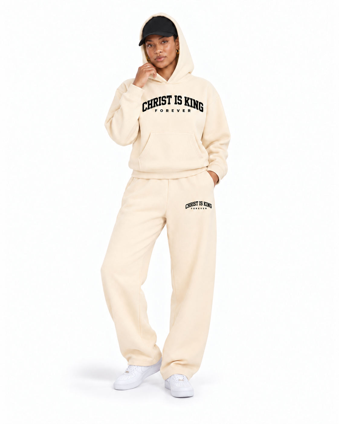 Chief Of Sinners Essential Oversized Boxy Fit Fleece Hoodie — Apricot bottoms, female alternate front outfit