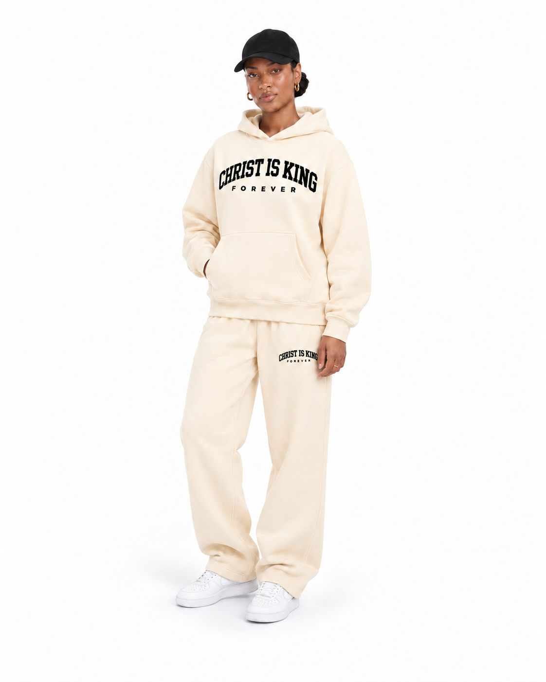 Chief Of Sinners Essential Oversized Boxy Fit Fleece Hoodie — Apricot hoodie, female three-quarter outfit