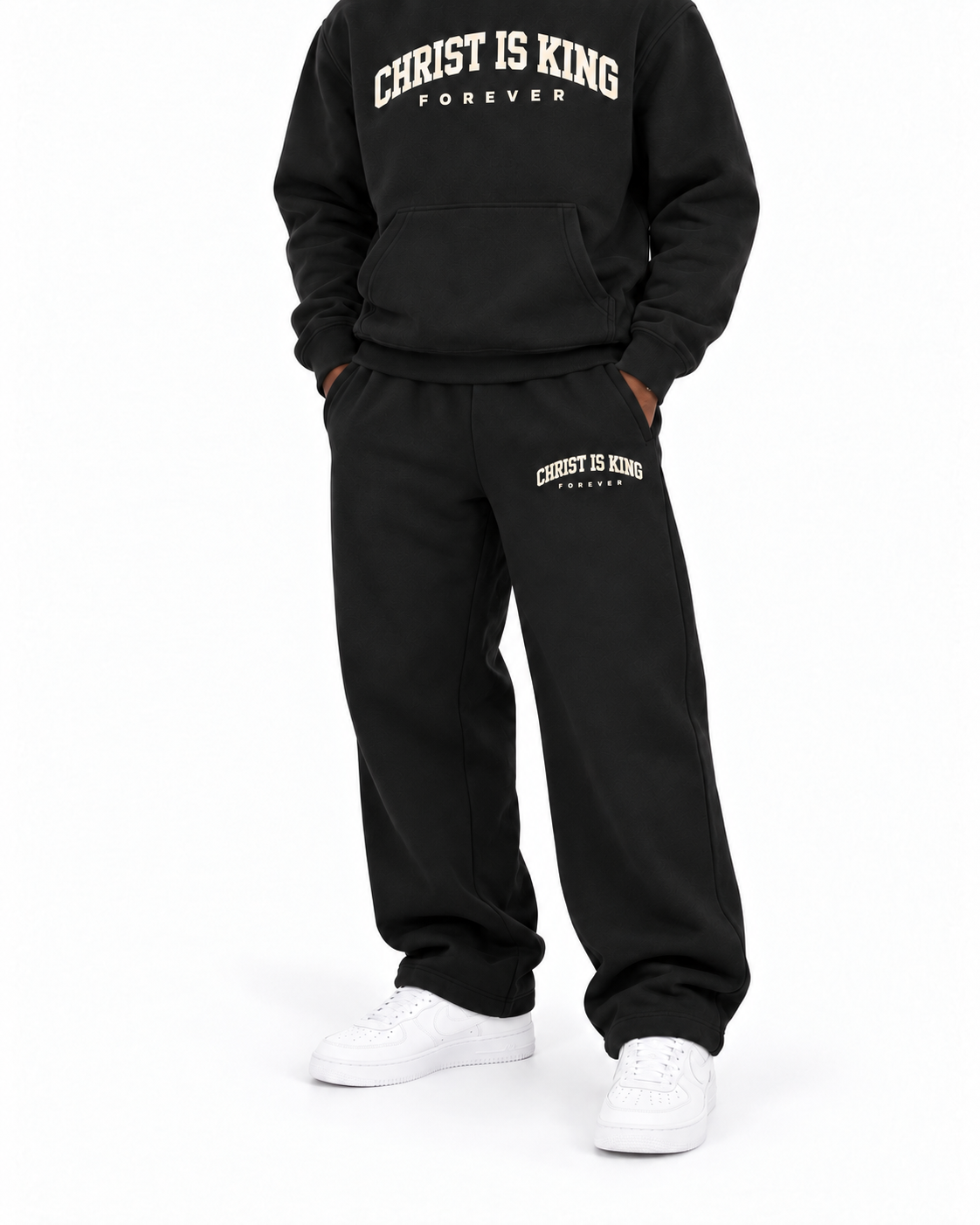 Chief Of Sinners Essential Oversized Boxy Fit Fleece Hoodie — Black bottoms, male fit detail