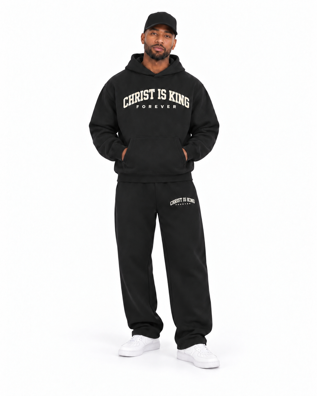 Chief Of Sinners Essential Oversized Boxy Fit Fleece Hoodie — Black bottoms, male front outfit