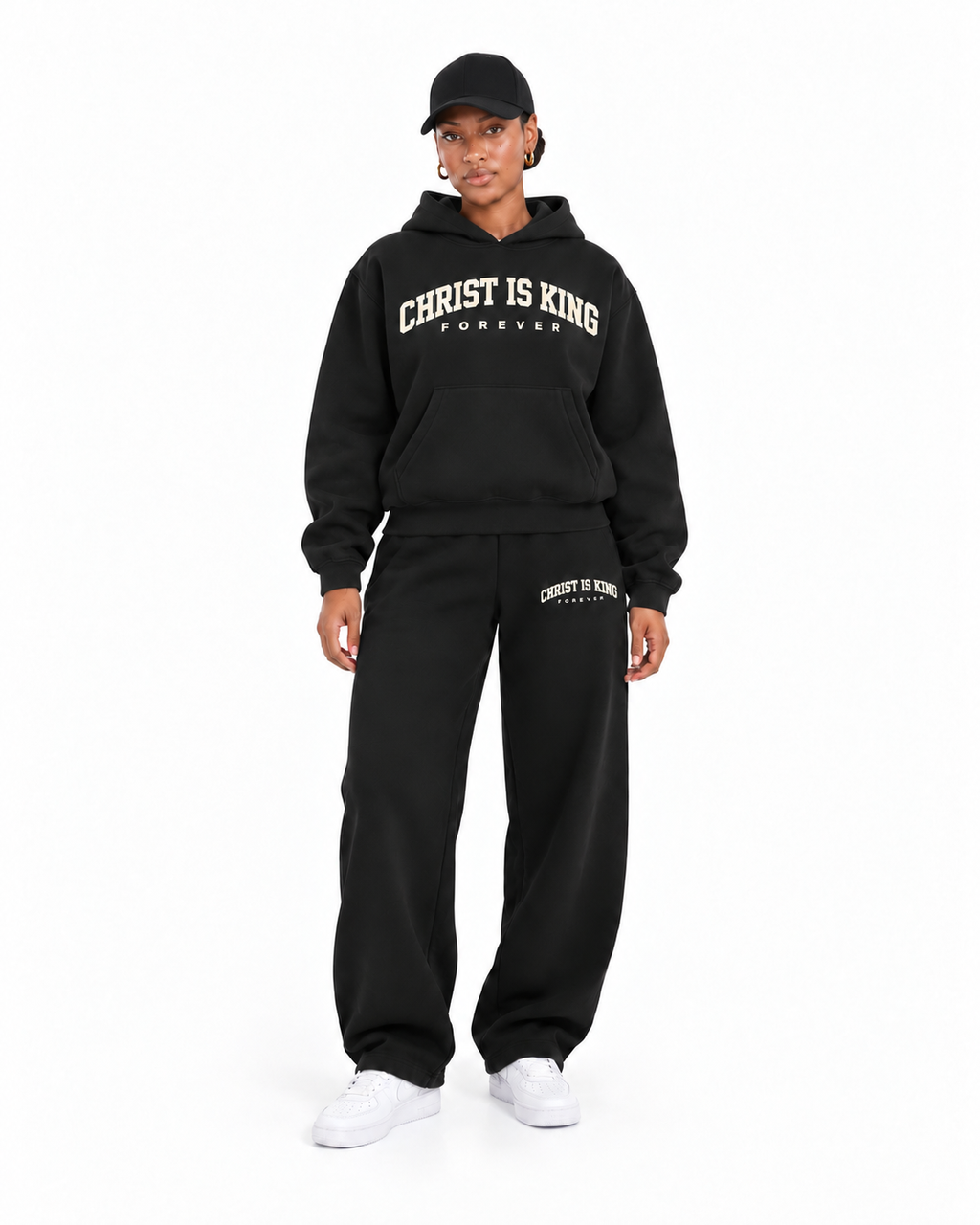 Chief Of Sinners Essential Oversized Boxy Fit Fleece Hoodie — Black bottoms, female front outfit