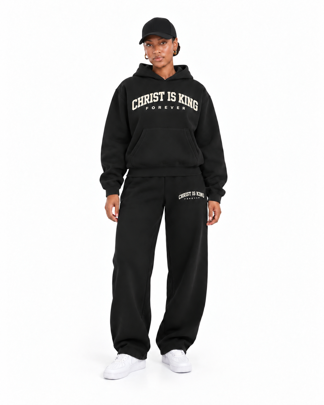 Chief Of Sinners Essential Oversized Boxy Fit Fleece Hoodie — Black bottoms, female front outfit