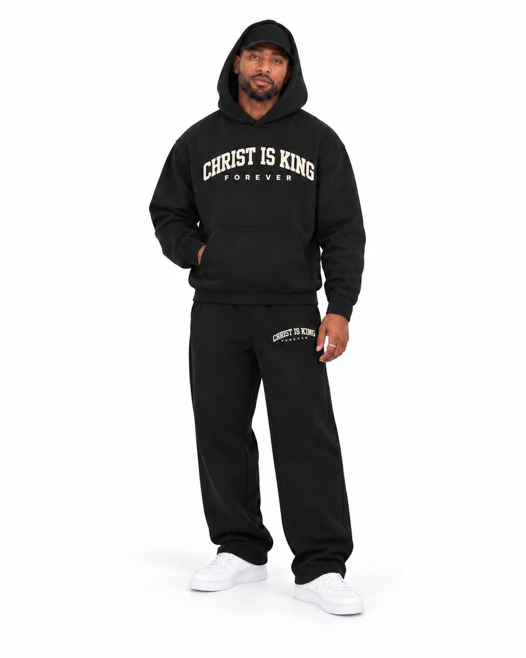 Chief Of Sinners Essential Oversized Boxy Fit Fleece Hoodie — Black bottoms, male side outfit