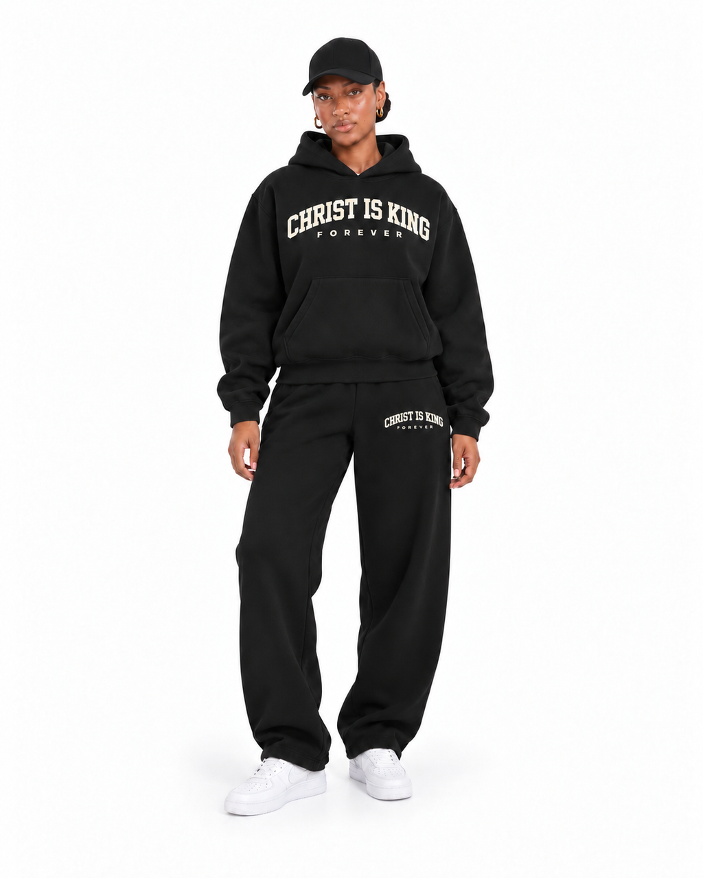 Chief Of Sinners Essential Oversized Boxy Fit Fleece Hoodie — Black bottoms, female alternate front outfit