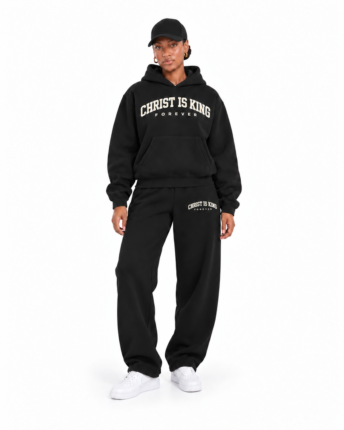 Chief Of Sinners Essential Oversized Boxy Fit Fleece Hoodie — Black bottoms, female alternate front outfit