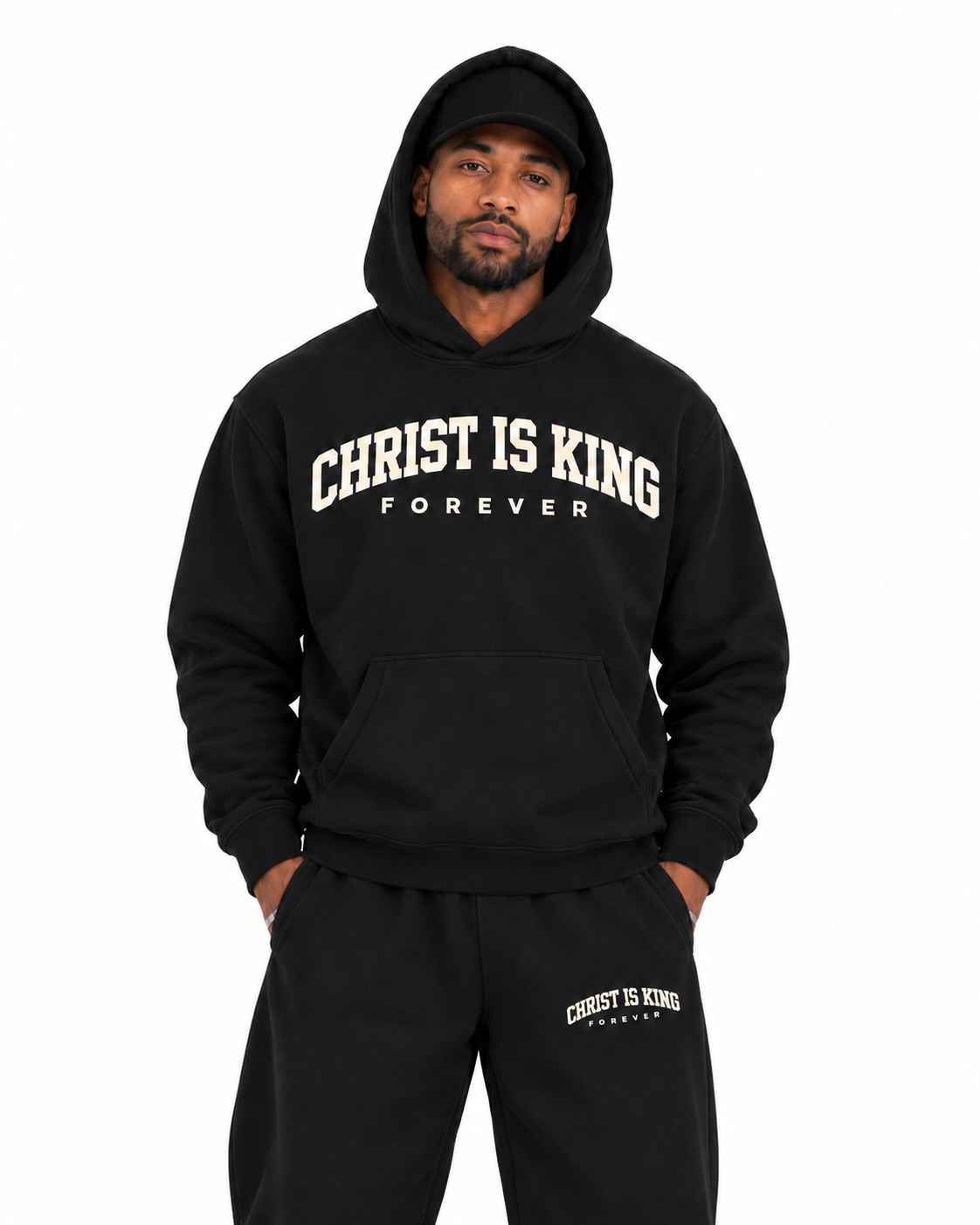 Chief Of Sinners Essential Oversized Boxy Fit Fleece Hoodie — Black hoodie, male close-up