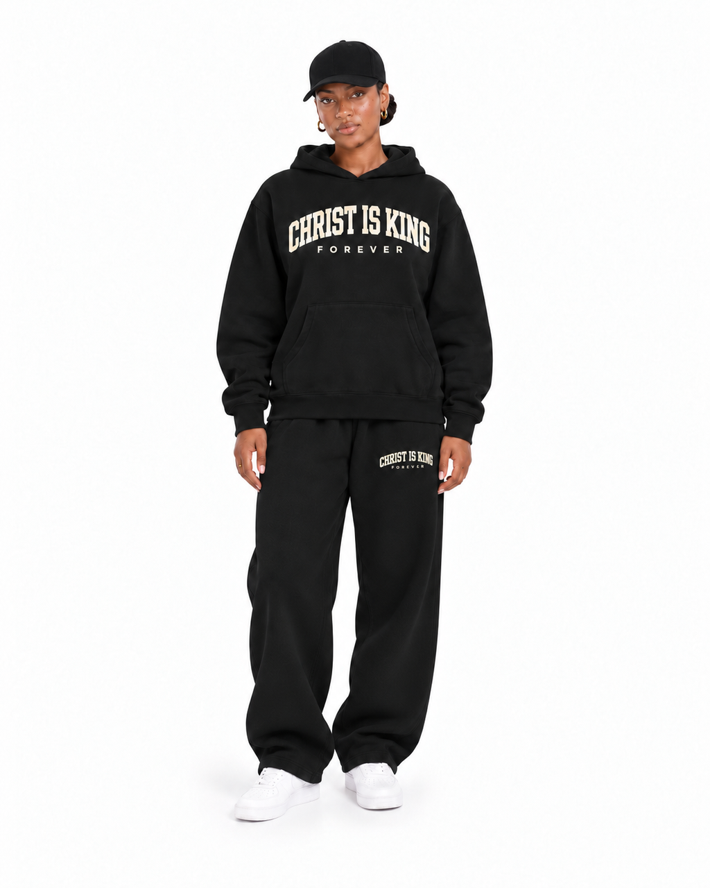 Chief Of Sinners Essential Oversized Boxy Fit Fleece Hoodie — Black hoodie, female front outfit