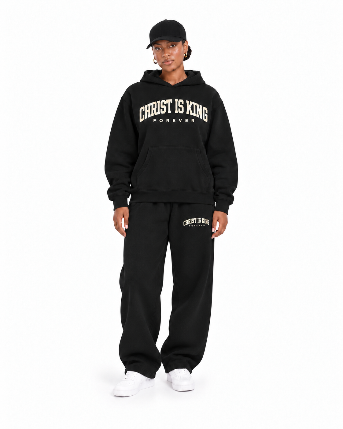 Chief Of Sinners Essential Oversized Boxy Fit Fleece Hoodie — Black hoodie, female front outfit