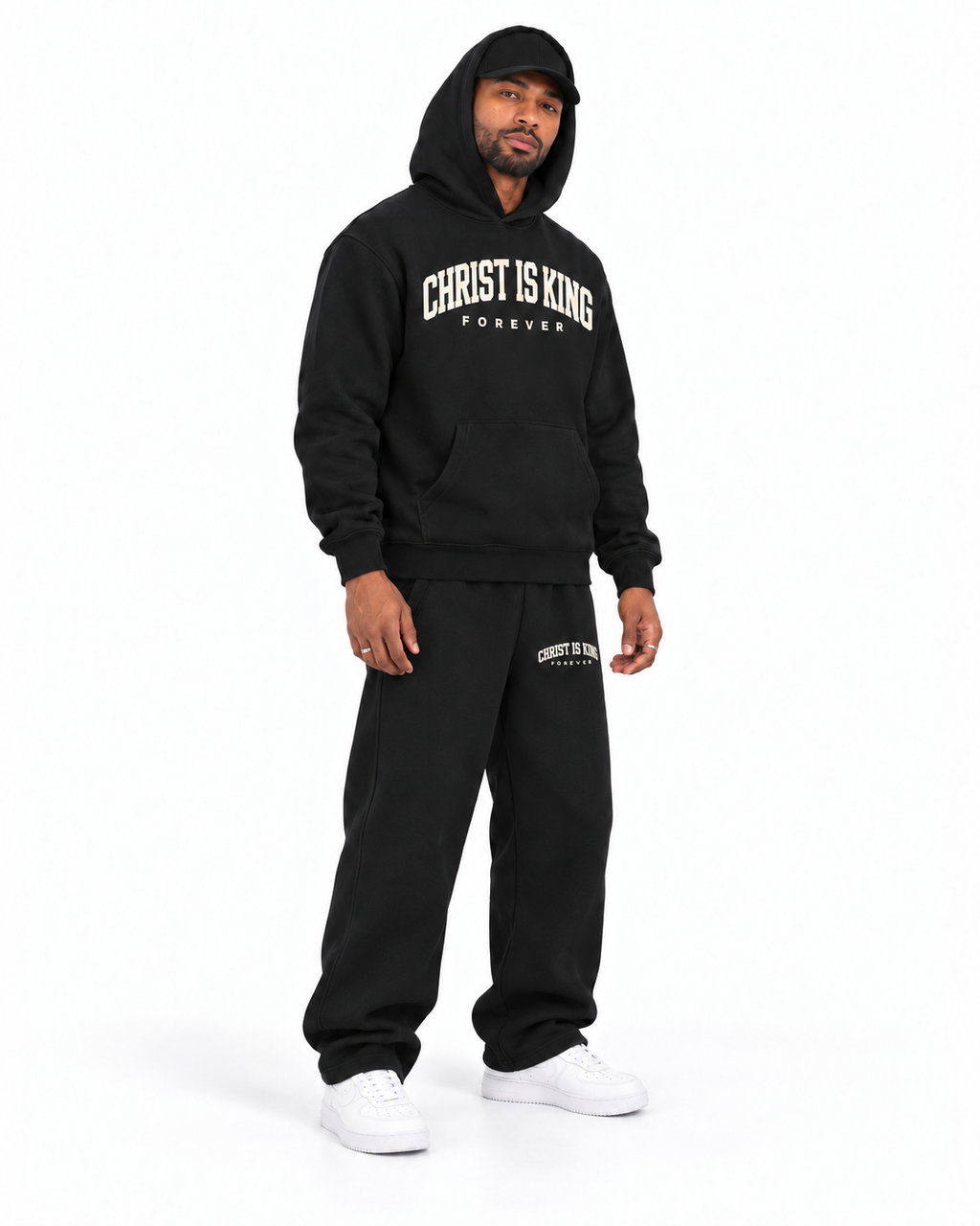 Chief Of Sinners Essential Oversized Boxy Fit Fleece Hoodie — Black hoodie, male three-quarter outfit