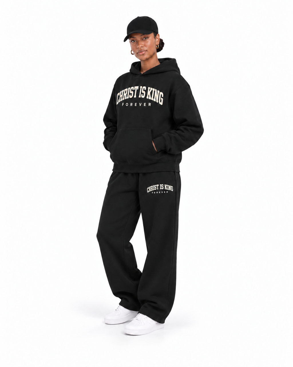 Chief Of Sinners Essential Oversized Boxy Fit Fleece Hoodie — Black hoodie, female three-quarter outfit