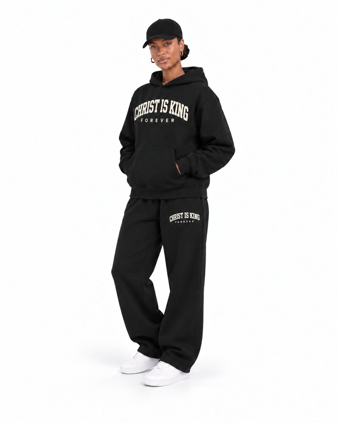 Chief Of Sinners Essential Oversized Boxy Fit Fleece Hoodie — Black hoodie, female three-quarter outfit