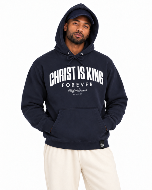 Chief Of Sinners Christ Is King Navy Hoodie — Classic Navy hoodie, male close-up