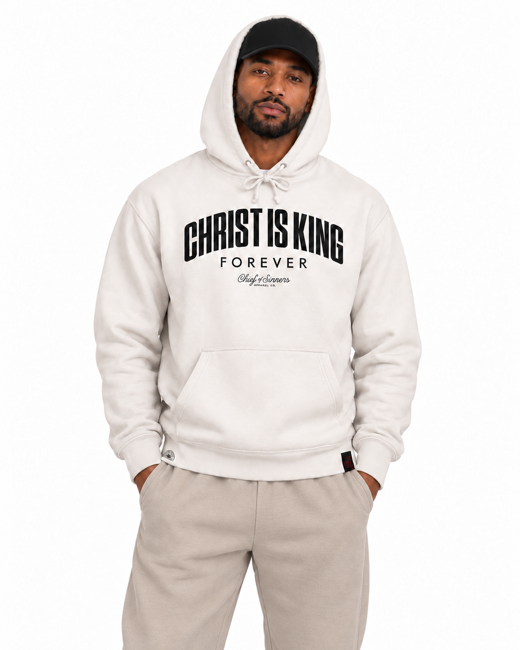 Chief Of Sinners independent pullover hoody — Bone hoodie, male close-up