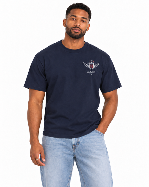 Chief Of Sinners Classic Streetwear T Shirt — navy tee, male close-up