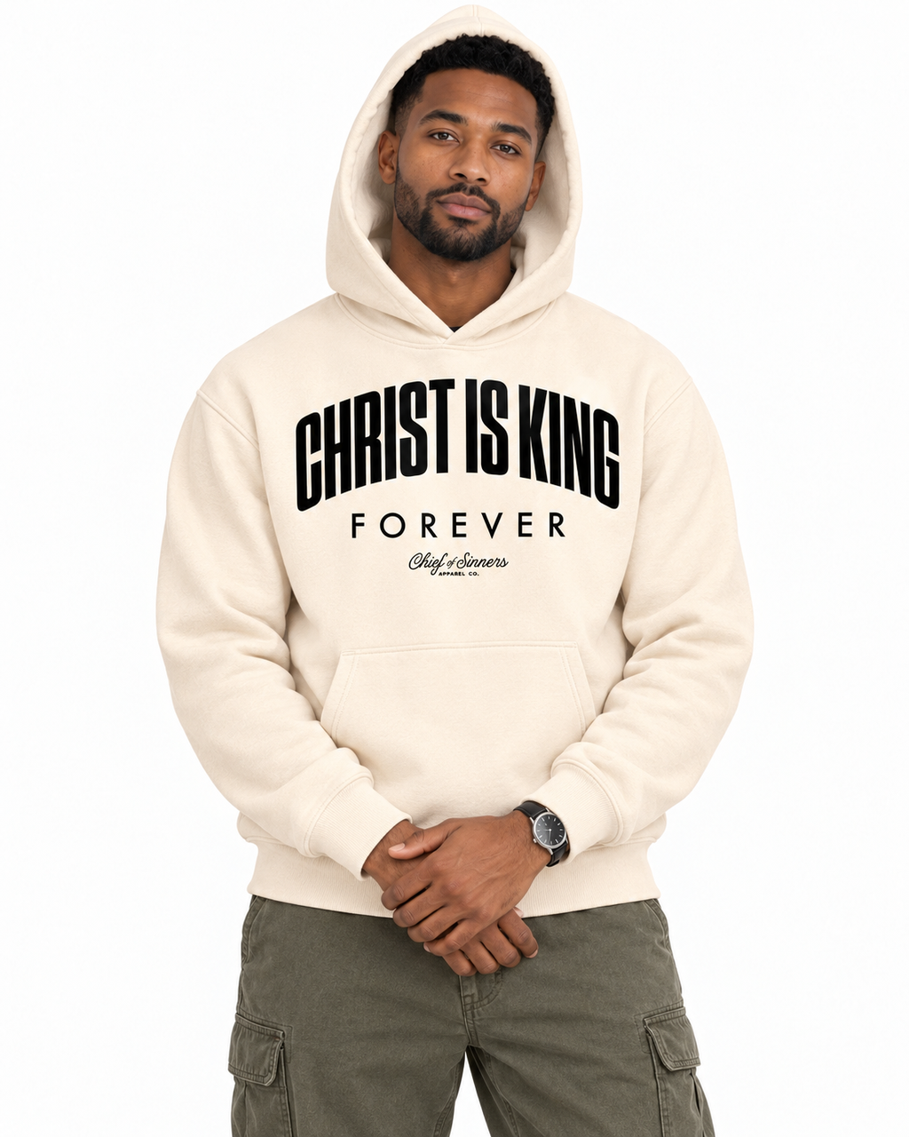 Chief Of Sinners Unisex Fleece Regular Shoulder Hoodie — Apricot hoodie, male close-up