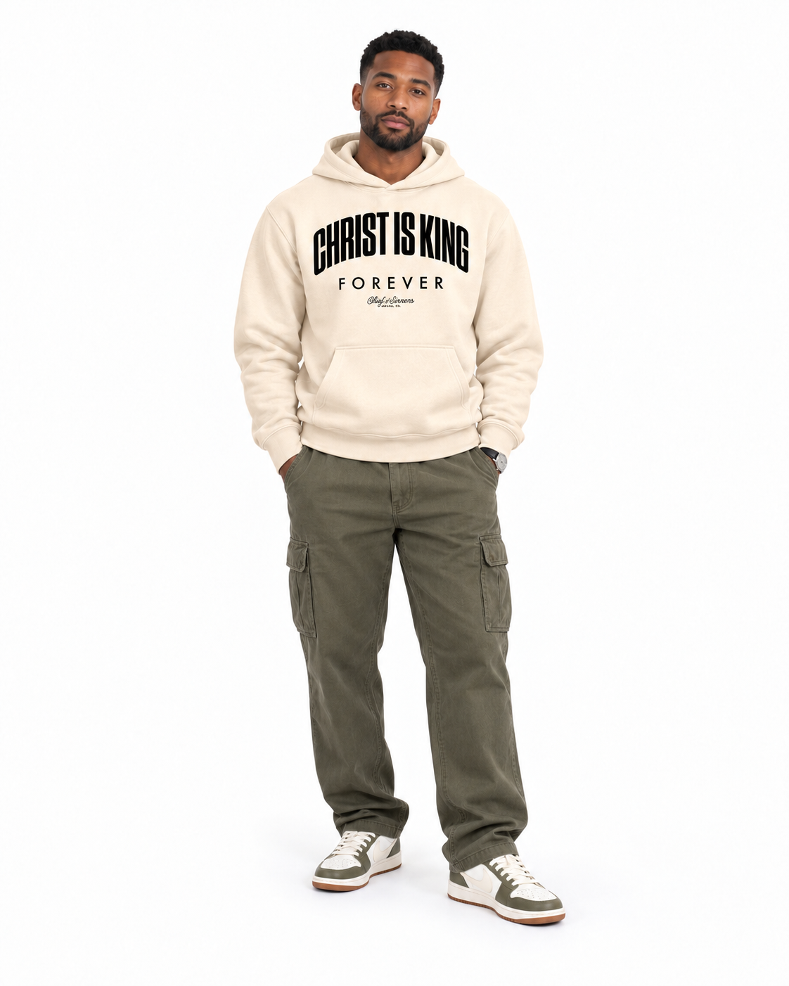 Chief Of Sinners Unisex Fleece Regular Shoulder Hoodie — Apricot hoodie, male front outfit