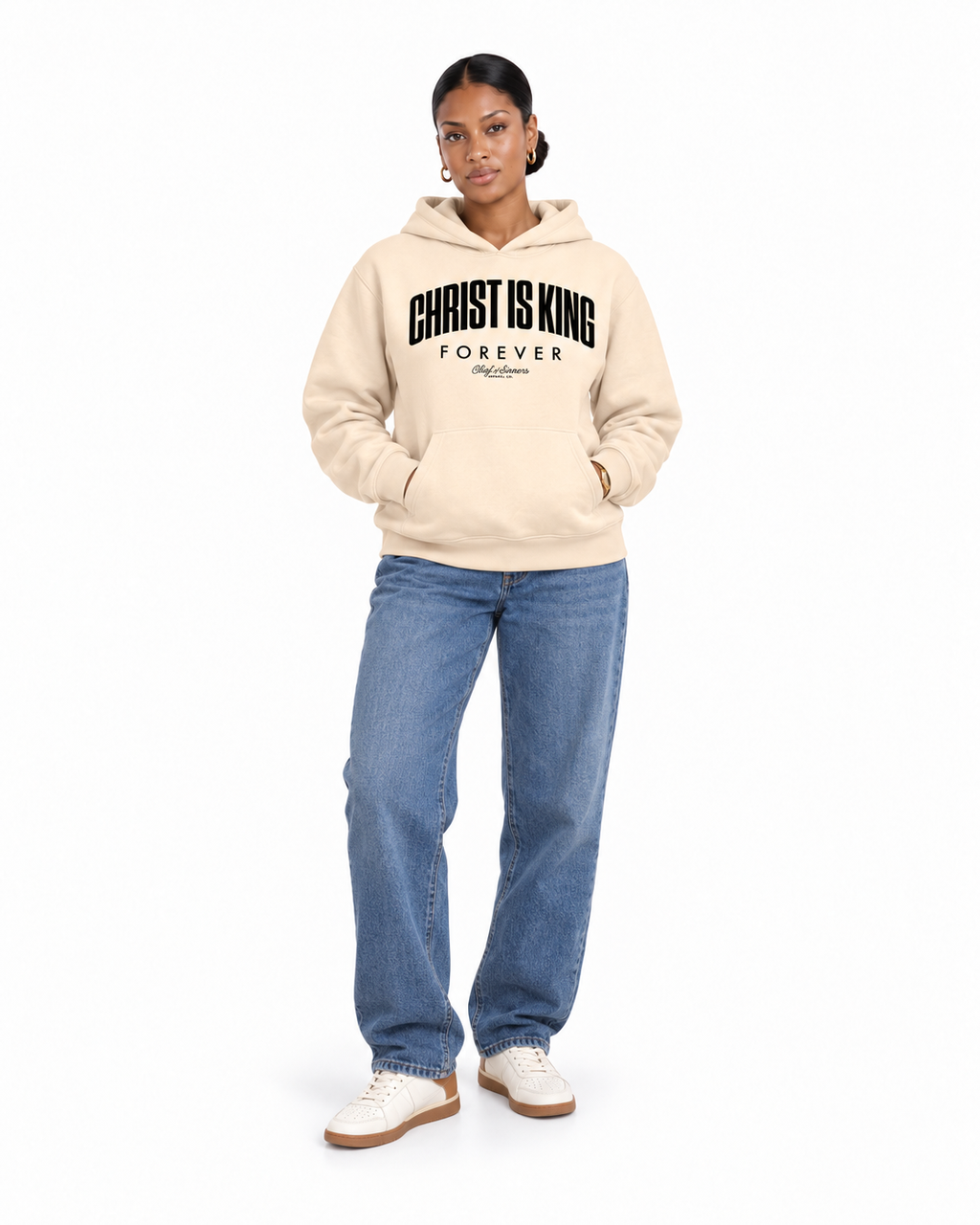 Chief Of Sinners Unisex Fleece Regular Shoulder Hoodie — Apricot hoodie, female front outfit