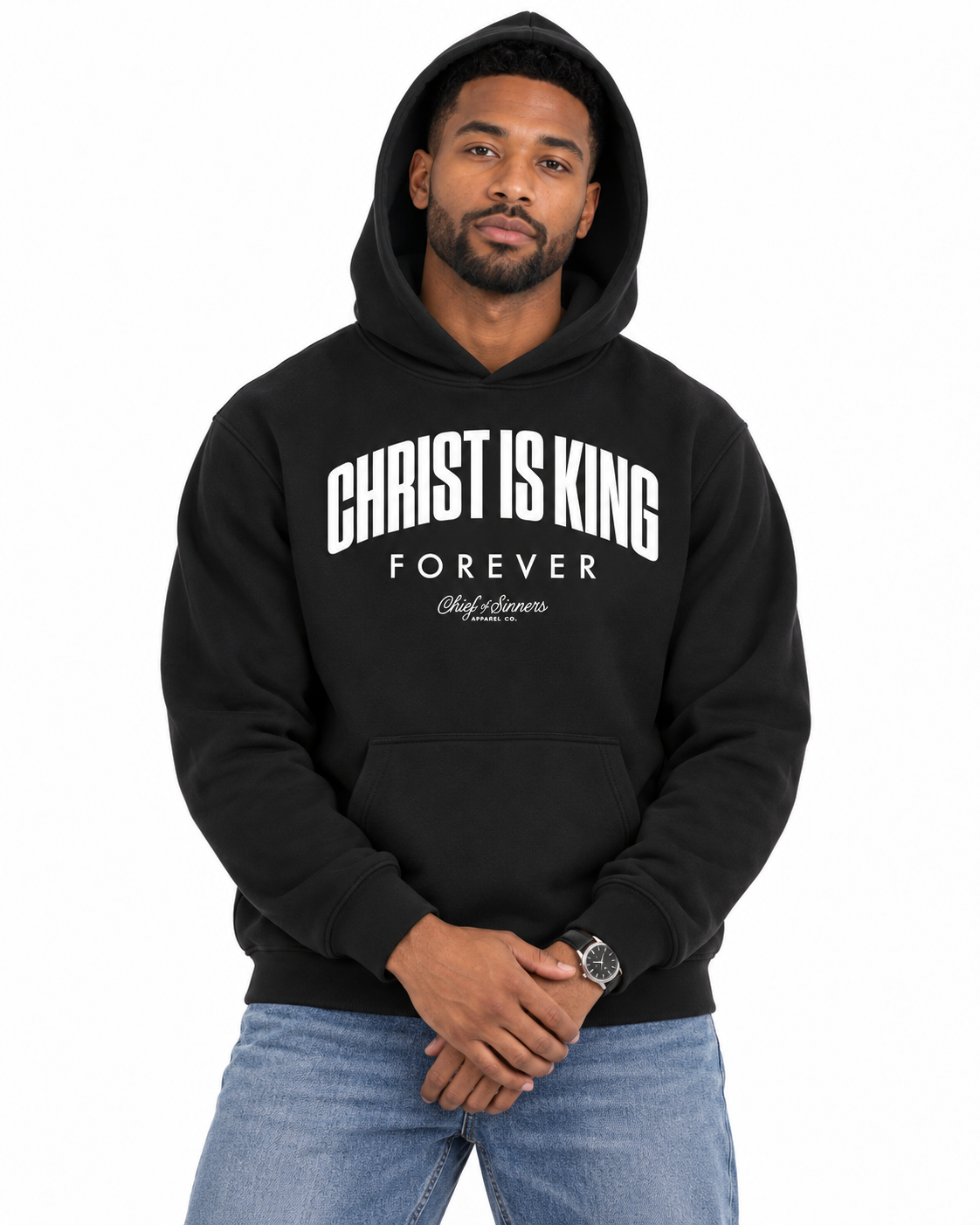 Chief Of Sinners Unisex Fleece Regular Shoulder Hoodie — Black hoodie, male close-up