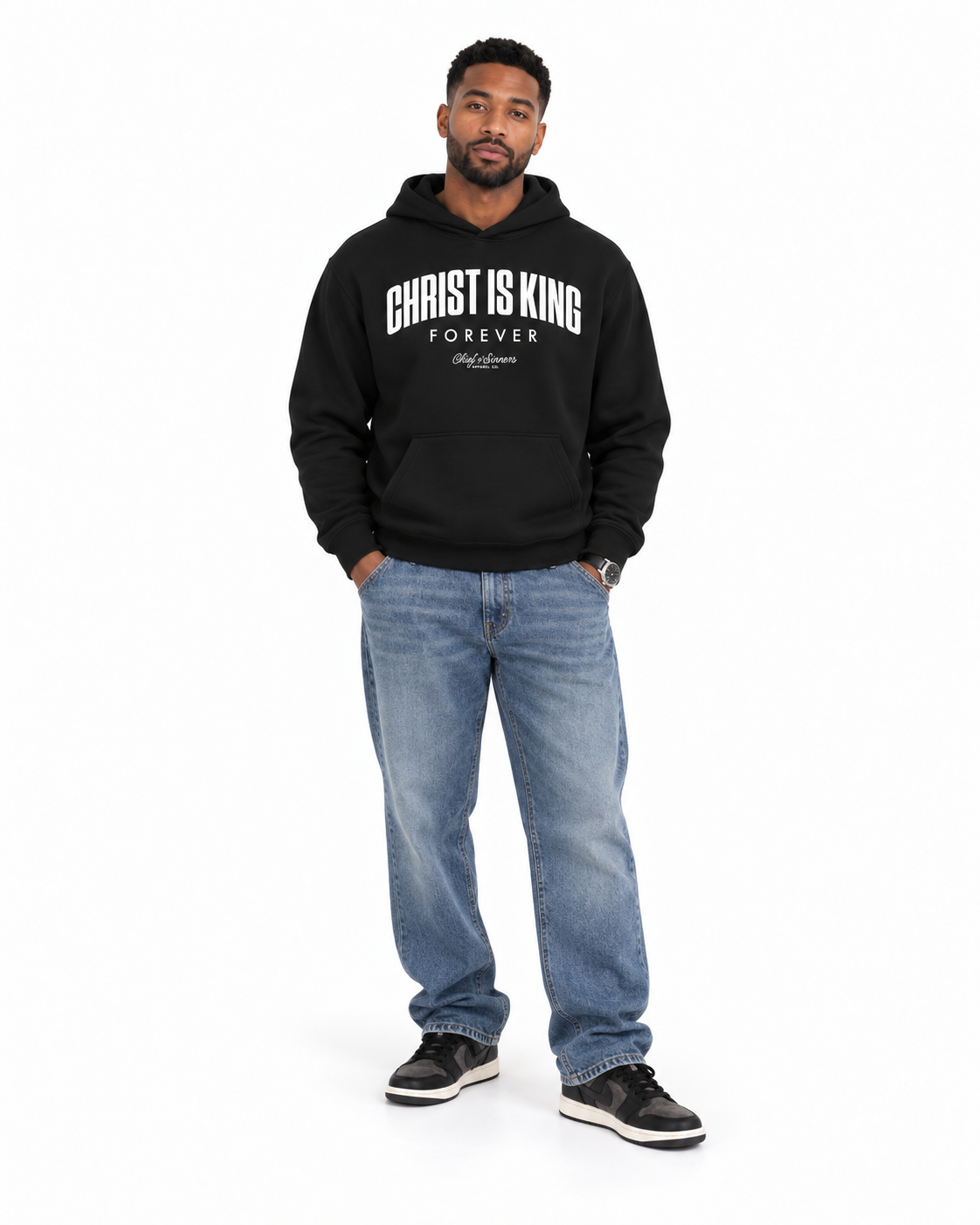 Chief Of Sinners Unisex Fleece Regular Shoulder Hoodie — Black hoodie, male front outfit