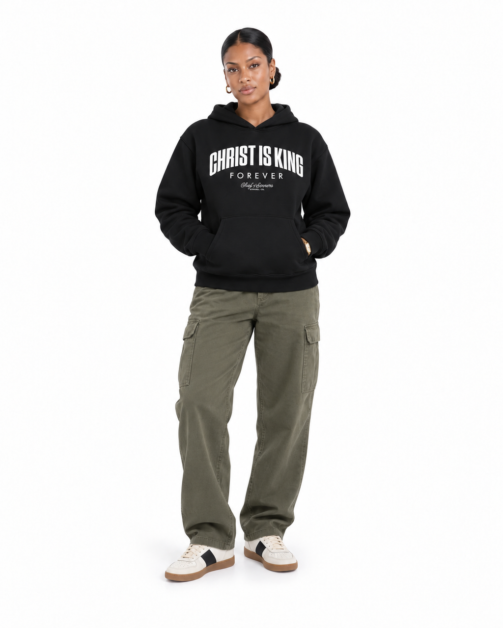 Chief Of Sinners Unisex Fleece Regular Shoulder Hoodie — Black hoodie, female front outfit