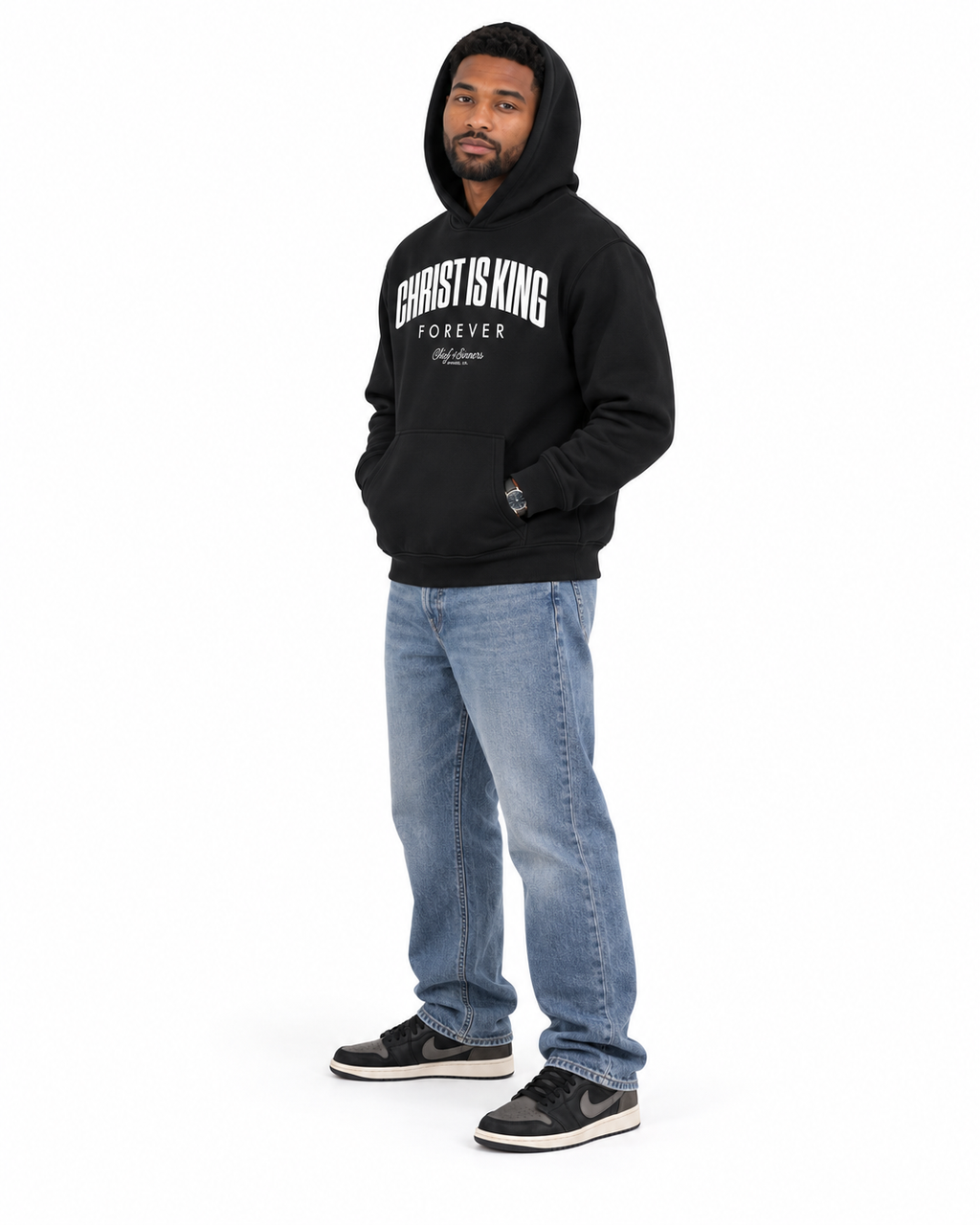 Chief Of Sinners Unisex Fleece Regular Shoulder Hoodie — Black hoodie, male three-quarter outfit