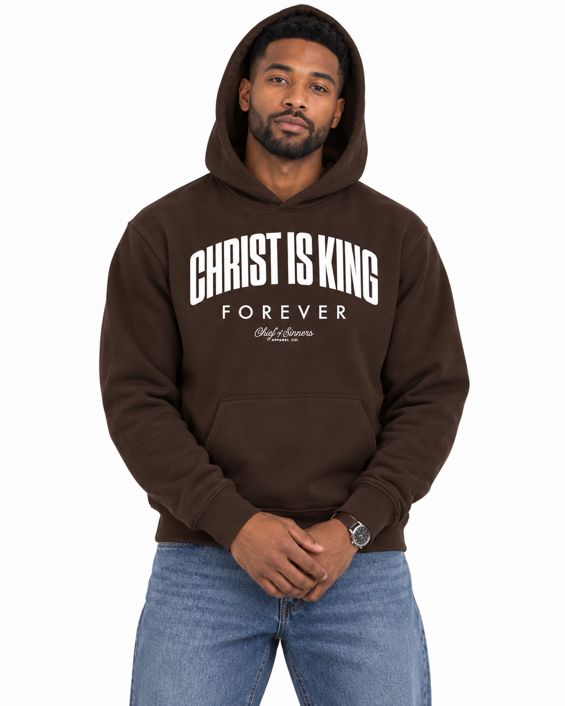 Chief Of Sinners Unisex Fleece Regular Shoulder Hoodie — Coffee hoodie, male close-up