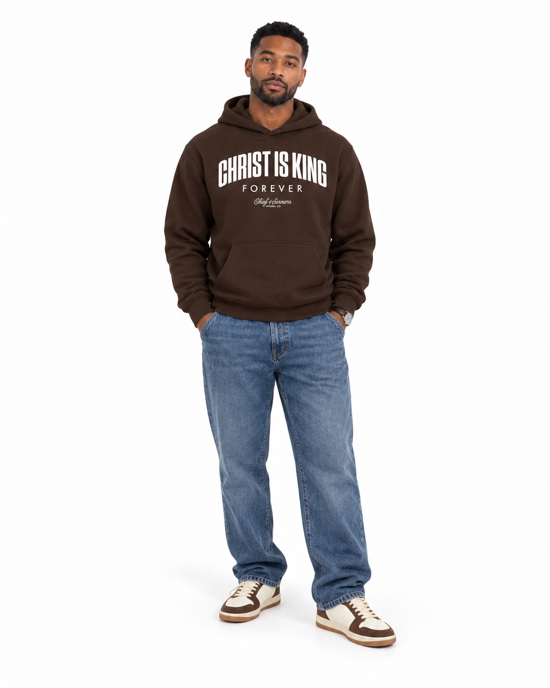 Chief Of Sinners Unisex Fleece Regular Shoulder Hoodie — Coffee hoodie, male front outfit