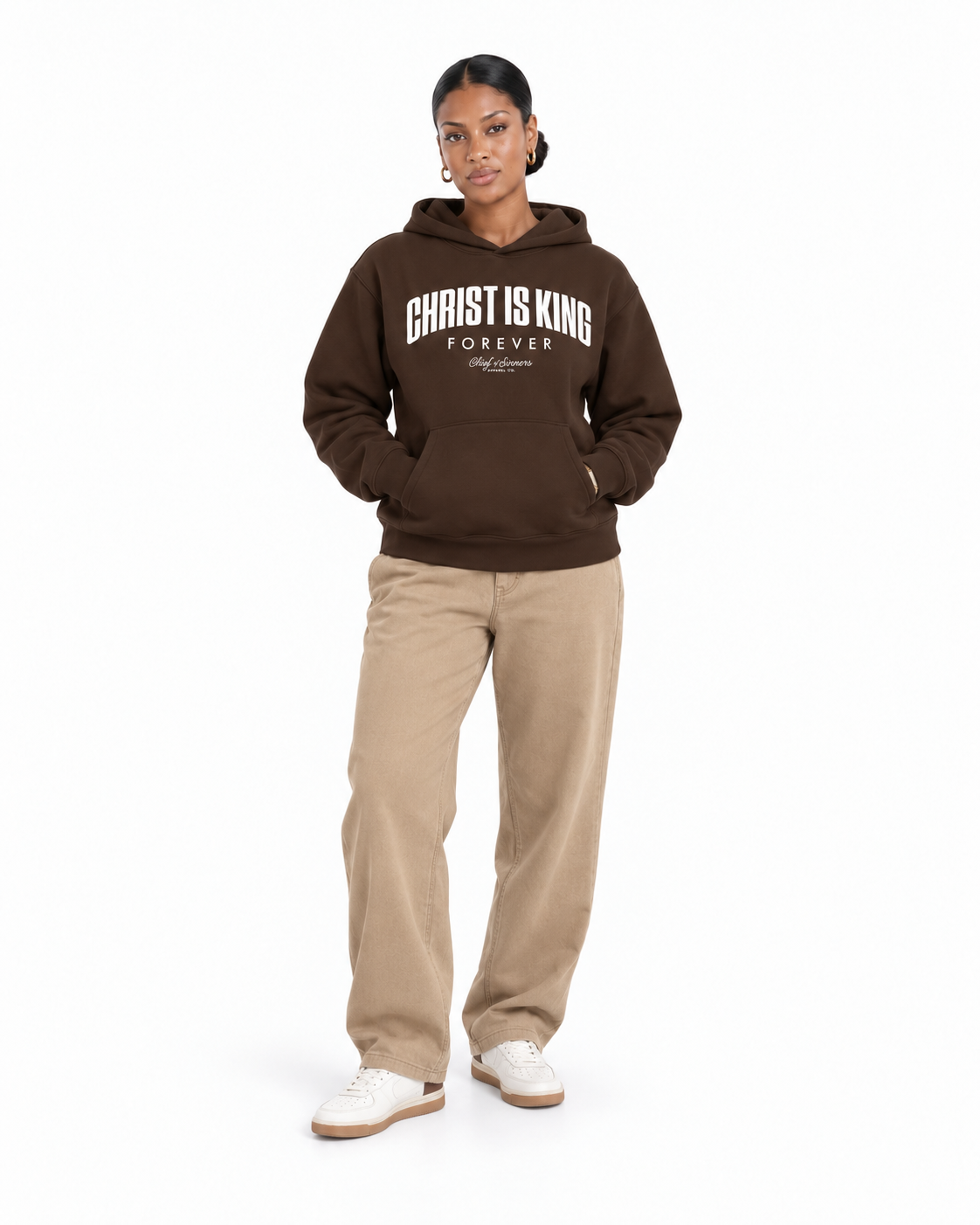Chief Of Sinners Unisex Fleece Regular Shoulder Hoodie — Coffee hoodie, female front outfit