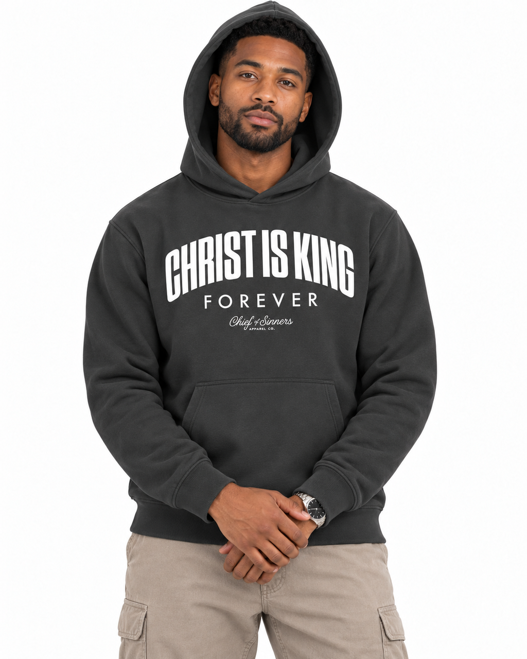 Chief Of Sinners Unisex Fleece Regular Shoulder Hoodie — Dark Gray hoodie, male close-up