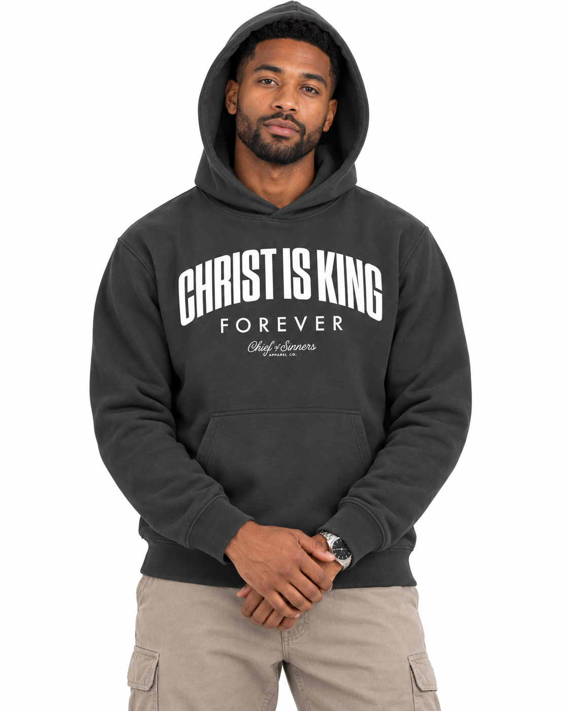 Chief Of Sinners Unisex Fleece Regular Shoulder Hoodie — Dark Gray hoodie, male close-up