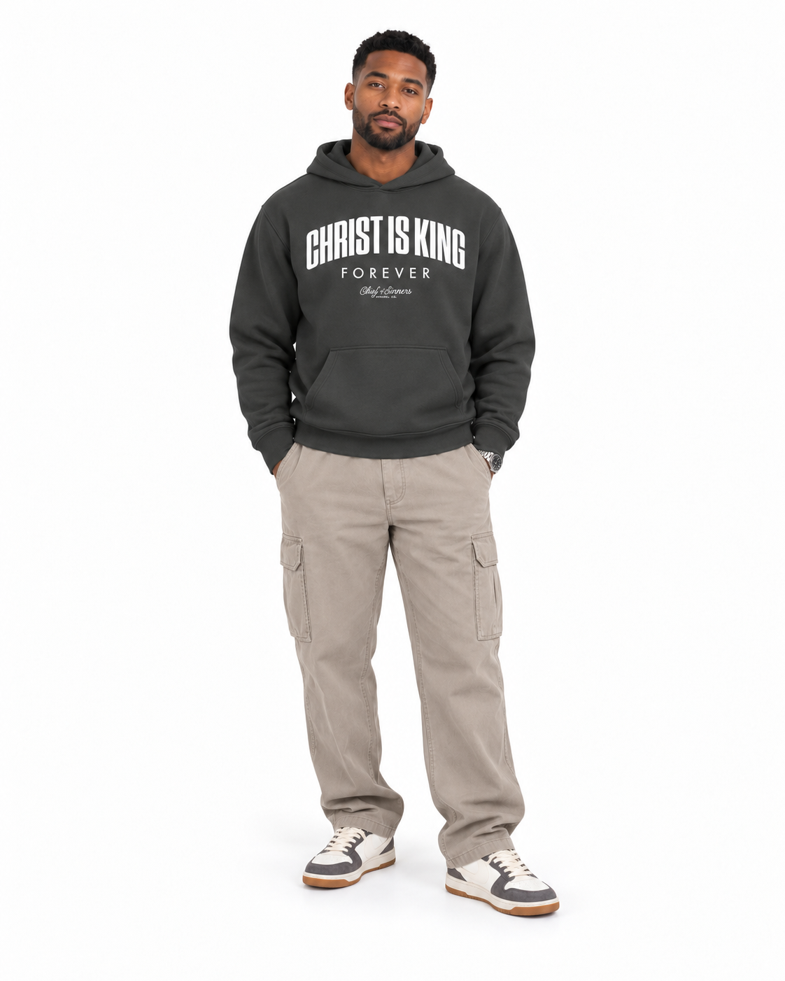 Chief Of Sinners Unisex Fleece Regular Shoulder Hoodie — Dark Gray hoodie, male front outfit