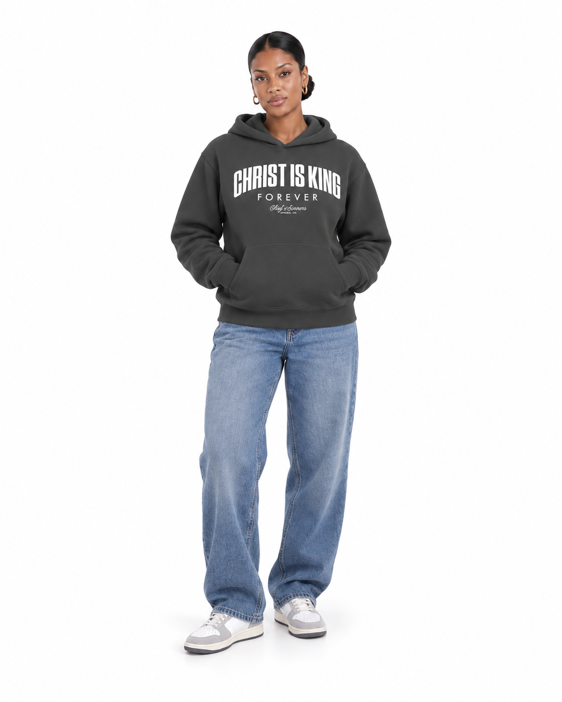 Chief Of Sinners Unisex Fleece Regular Shoulder Hoodie — Dark Gray hoodie, female front outfit