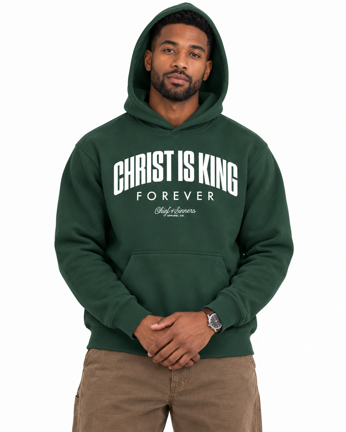 Chief Of Sinners Unisex Fleece Regular Shoulder Hoodie — Dark Green hoodie, male close-up