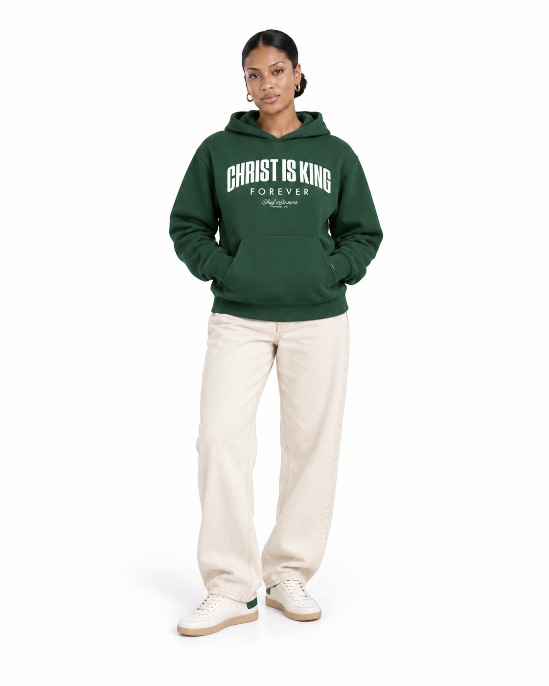 Chief Of Sinners Unisex Fleece Regular Shoulder Hoodie — Dark Green hoodie, female front outfit