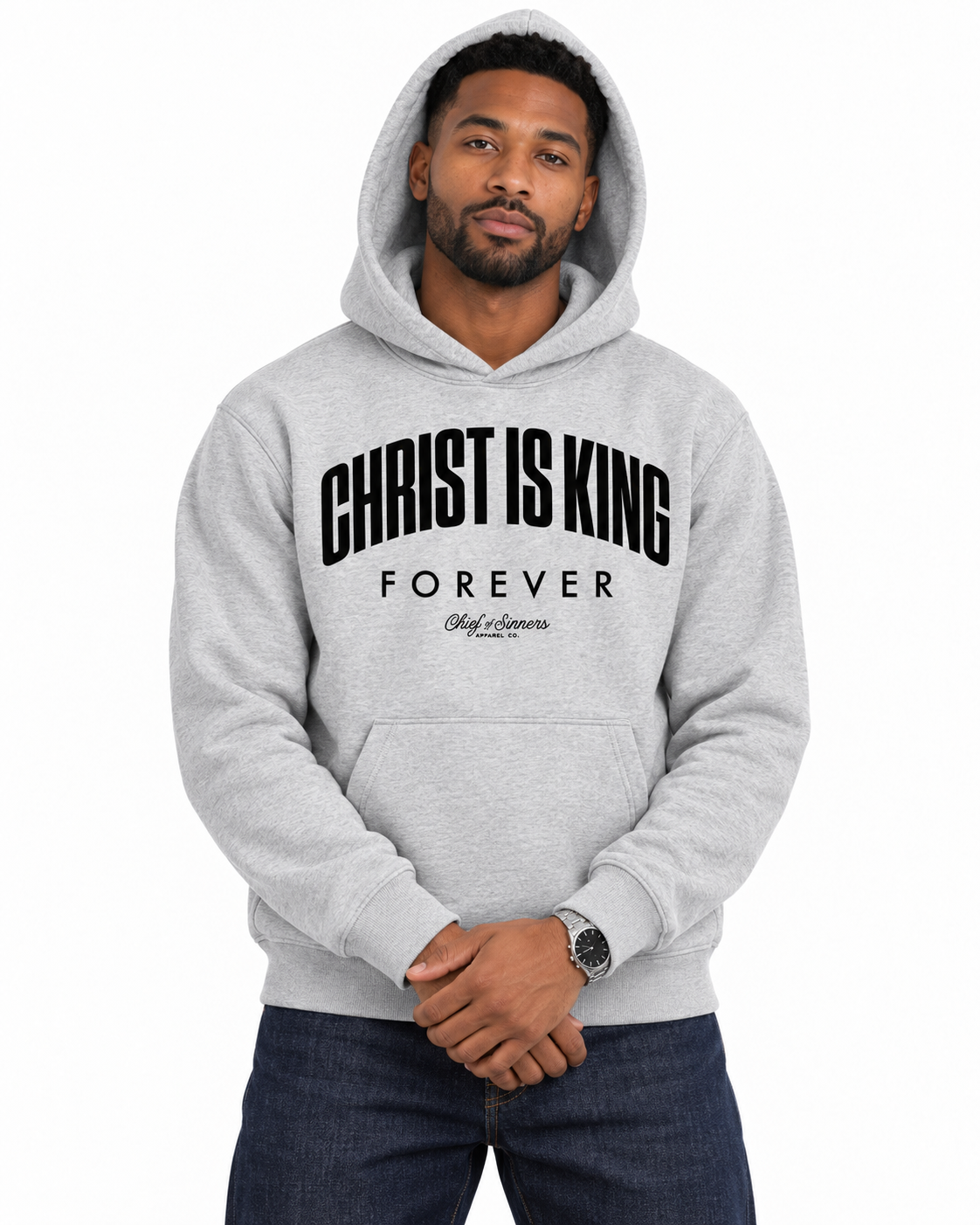 Chief Of Sinners Unisex Fleece Regular Shoulder Hoodie — Flower Gray hoodie, male close-up