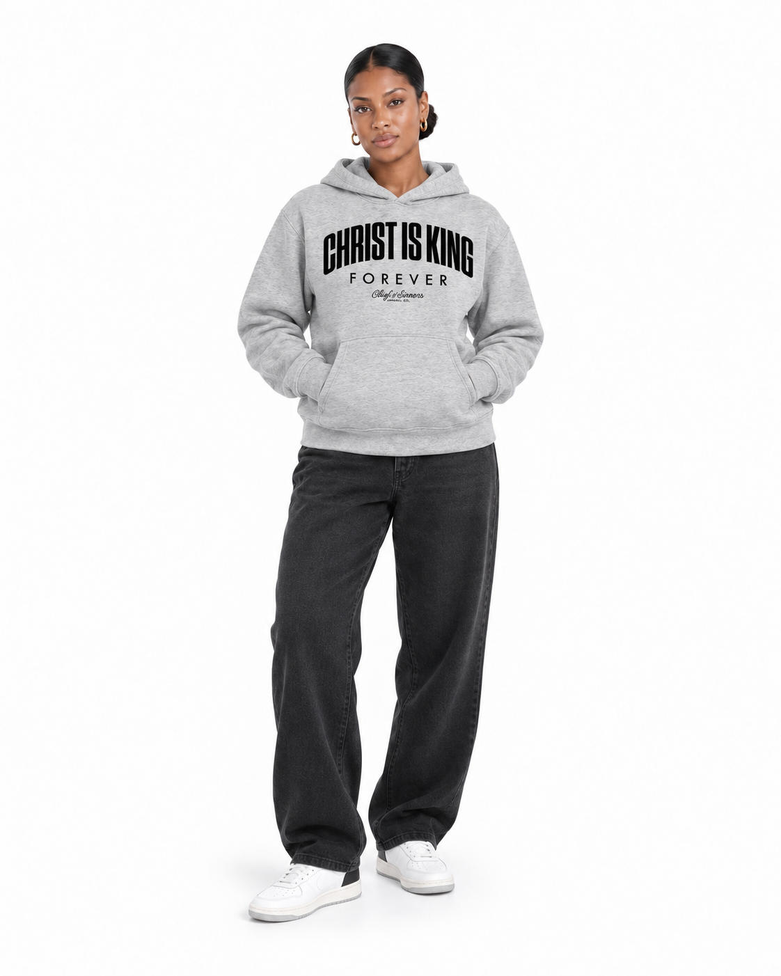 Chief Of Sinners Unisex Fleece Regular Shoulder Hoodie — Flower Gray hoodie, female front outfit