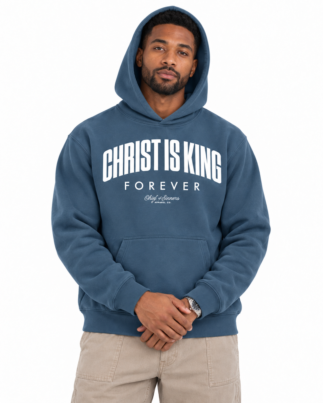 Chief Of Sinners Unisex Fleece Regular Shoulder Hoodie — Haze Blue hoodie, male close-up
