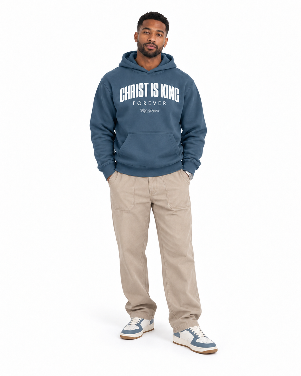 Chief Of Sinners Unisex Fleece Regular Shoulder Hoodie — Haze Blue hoodie, male front outfit