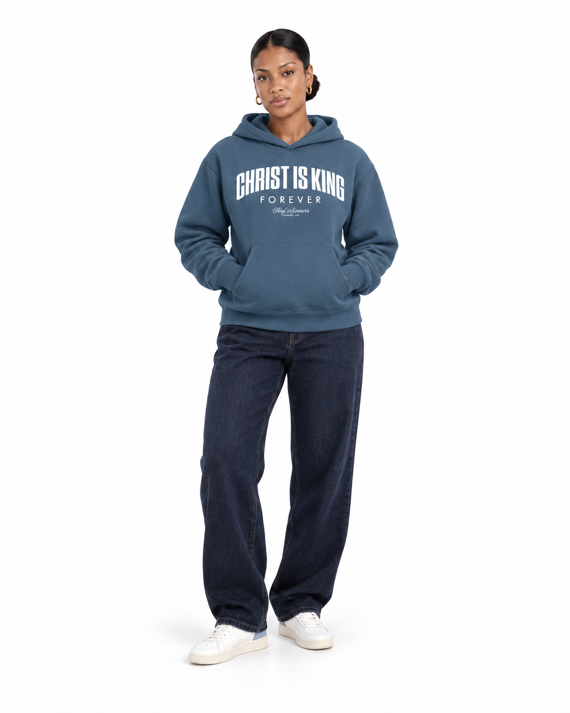 Chief Of Sinners Unisex Fleece Regular Shoulder Hoodie — Haze Blue hoodie, female front outfit