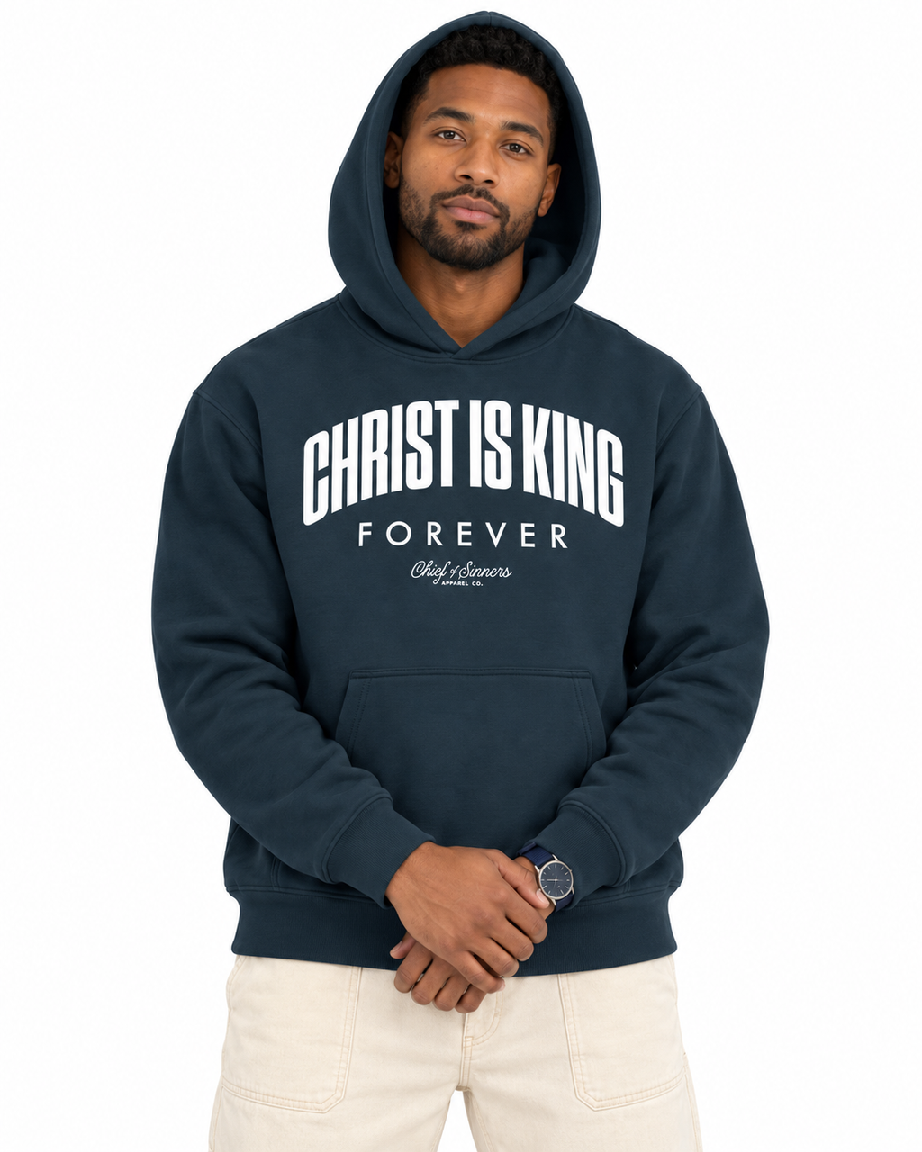 Chief Of Sinners Unisex Fleece Regular Shoulder Hoodie — Navy Blue hoodie, male close-up