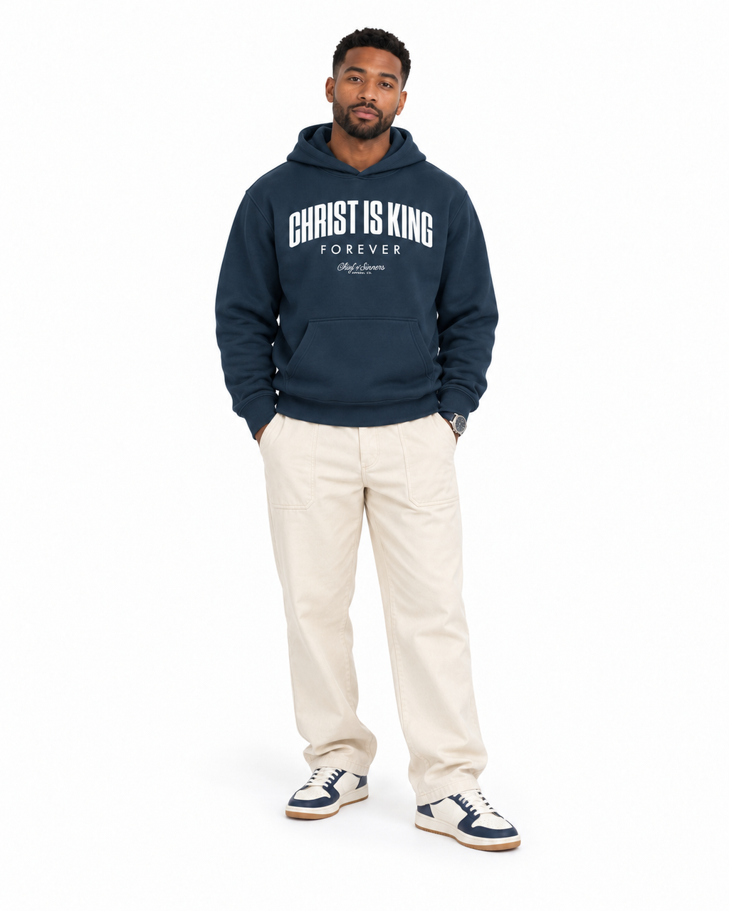Chief Of Sinners Unisex Fleece Regular Shoulder Hoodie — Navy Blue hoodie, male front outfit