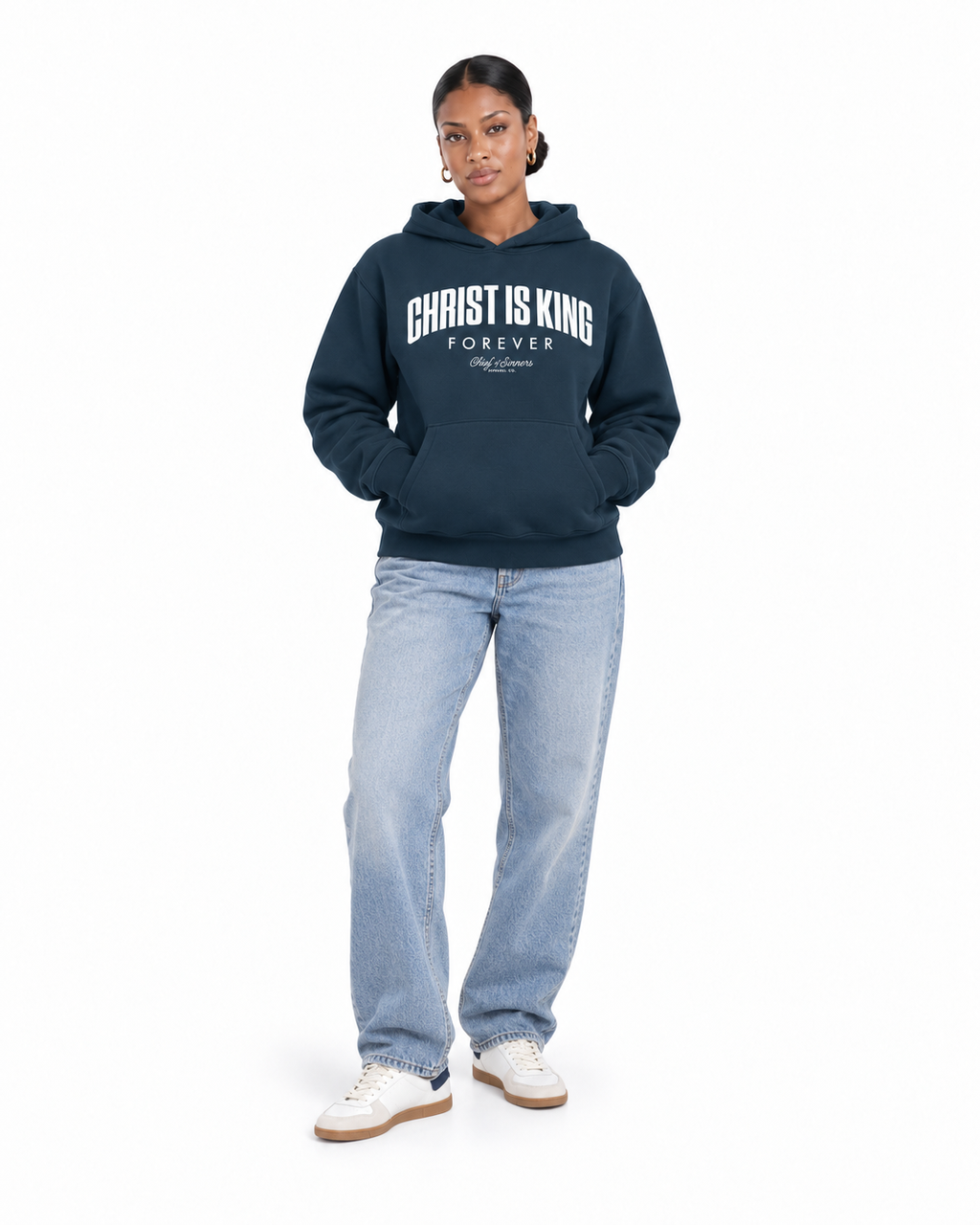 Chief Of Sinners Unisex Fleece Regular Shoulder Hoodie — Navy Blue hoodie, female front outfit