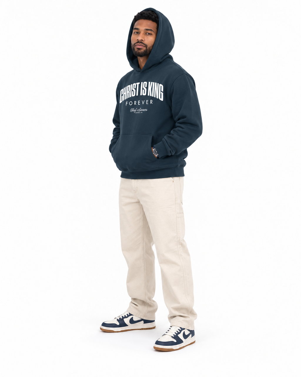 Chief Of Sinners Unisex Fleece Regular Shoulder Hoodie — Navy Blue hoodie, male three-quarter outfit
