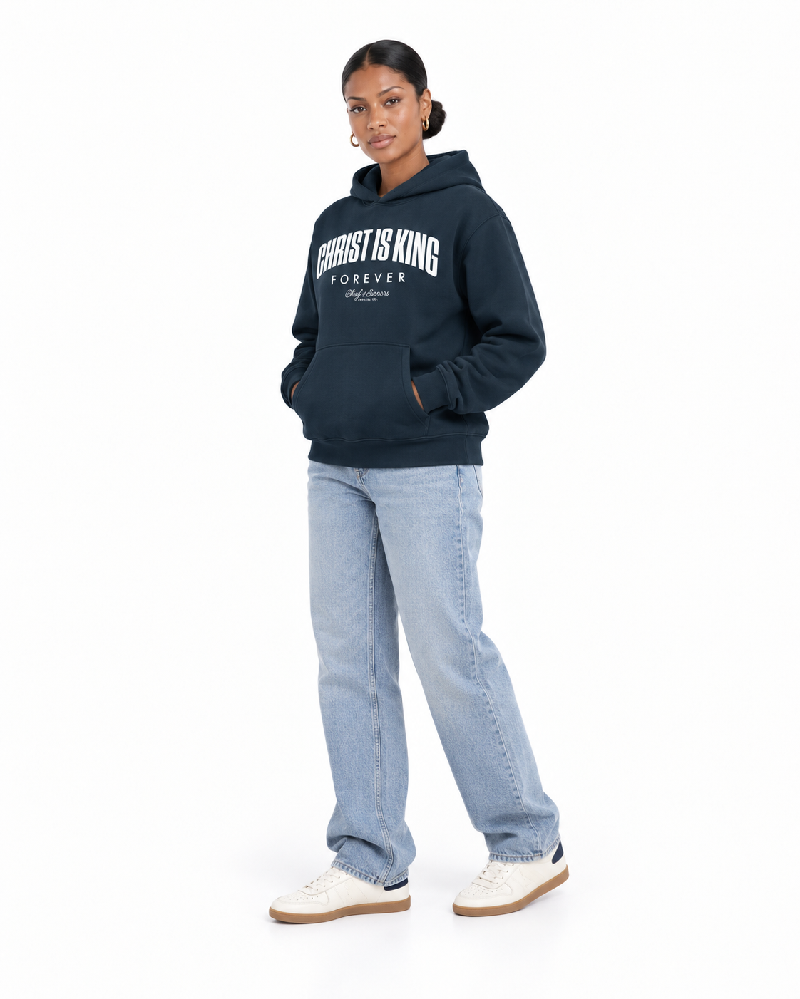 Chief Of Sinners Unisex Fleece Regular Shoulder Hoodie — Navy Blue hoodie, female three-quarter outfit